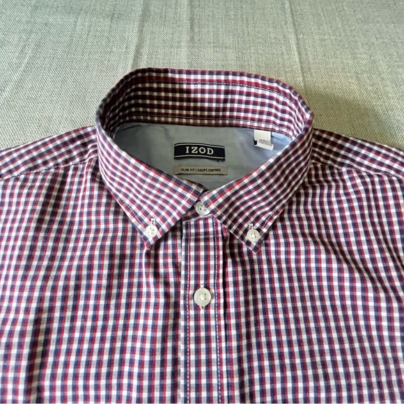Izod Dress Shirt Mens Size Small 15.5 Slim Fit Red White Blue Gingham Checkered - Picture 15 of 15